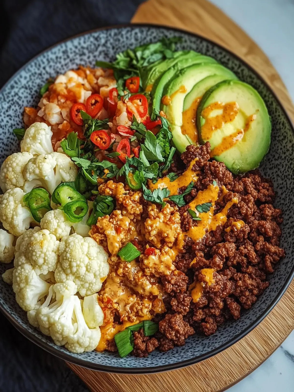 Crispy Chile Ground Beef and Cauliflower Protein Bowls