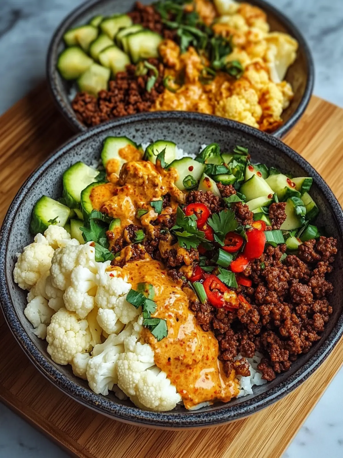 Crispy Chile Ground Beef and Cauliflower Protein Bowls