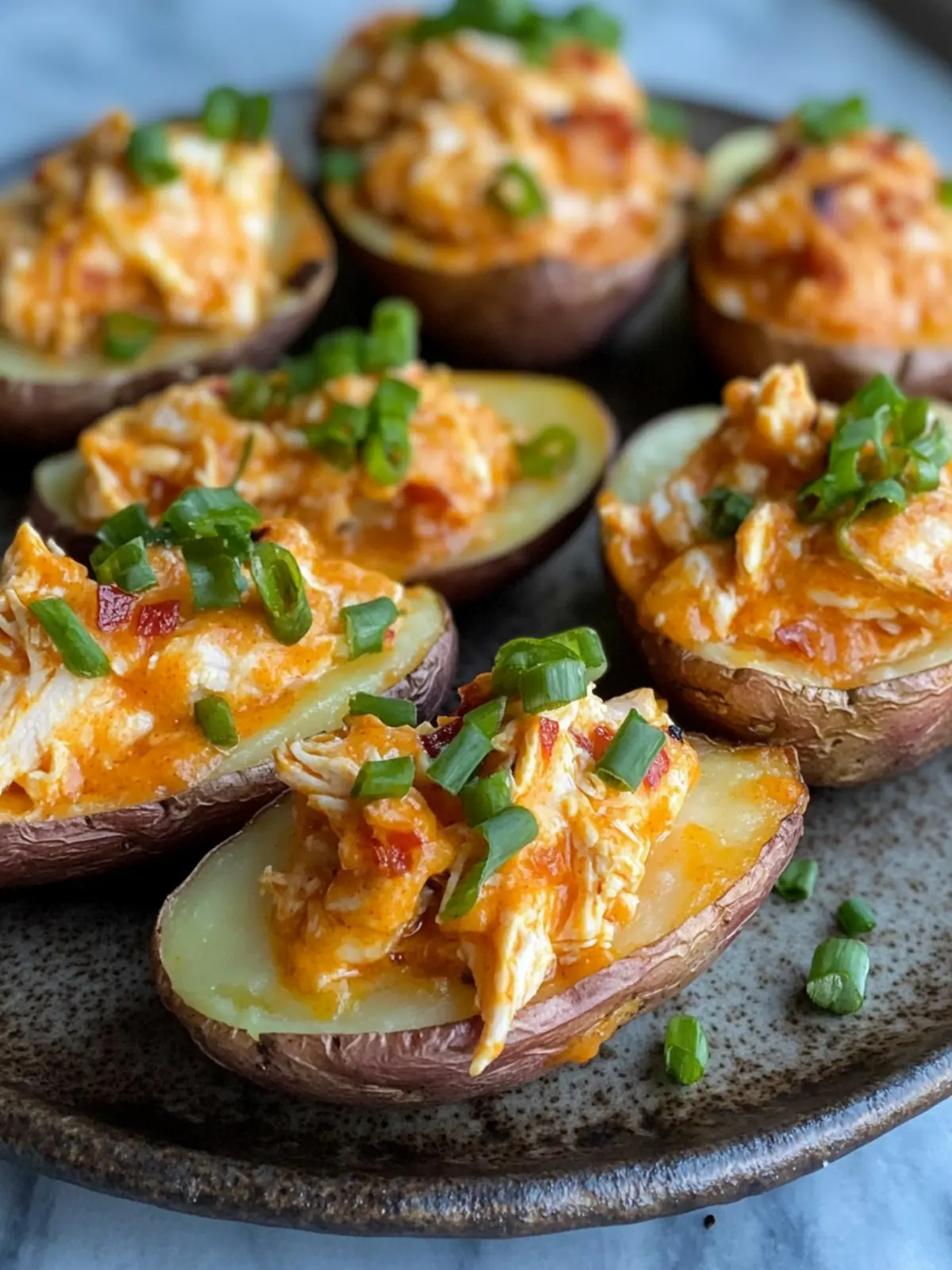 Crispy Buffalo Chicken Dip Loaded Potato Skins: Game Day Hit! 3 Crispy Buffalo Chicken Dip Loaded Potato Skins