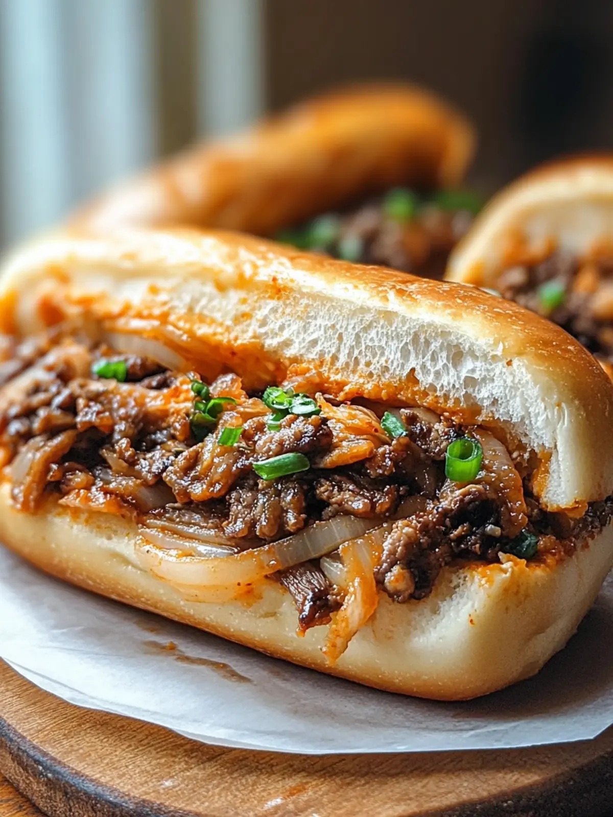 Savory Korean-Inspired Kimchi Bulgogi Cheesesteak Delight 3 Korean-Inspired Kimchi Bulgogi Cheesesteak