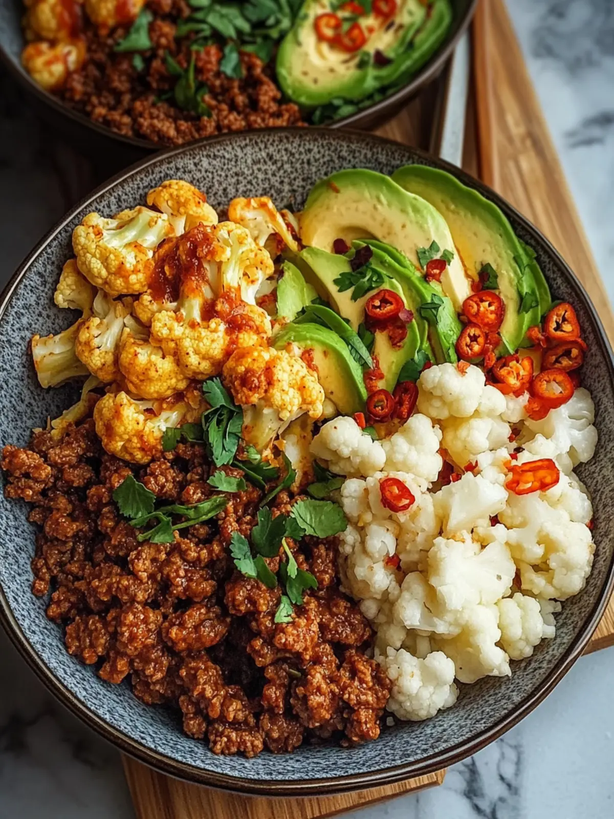 Crispy Chile Ground Beef and Cauliflower Protein Bowls