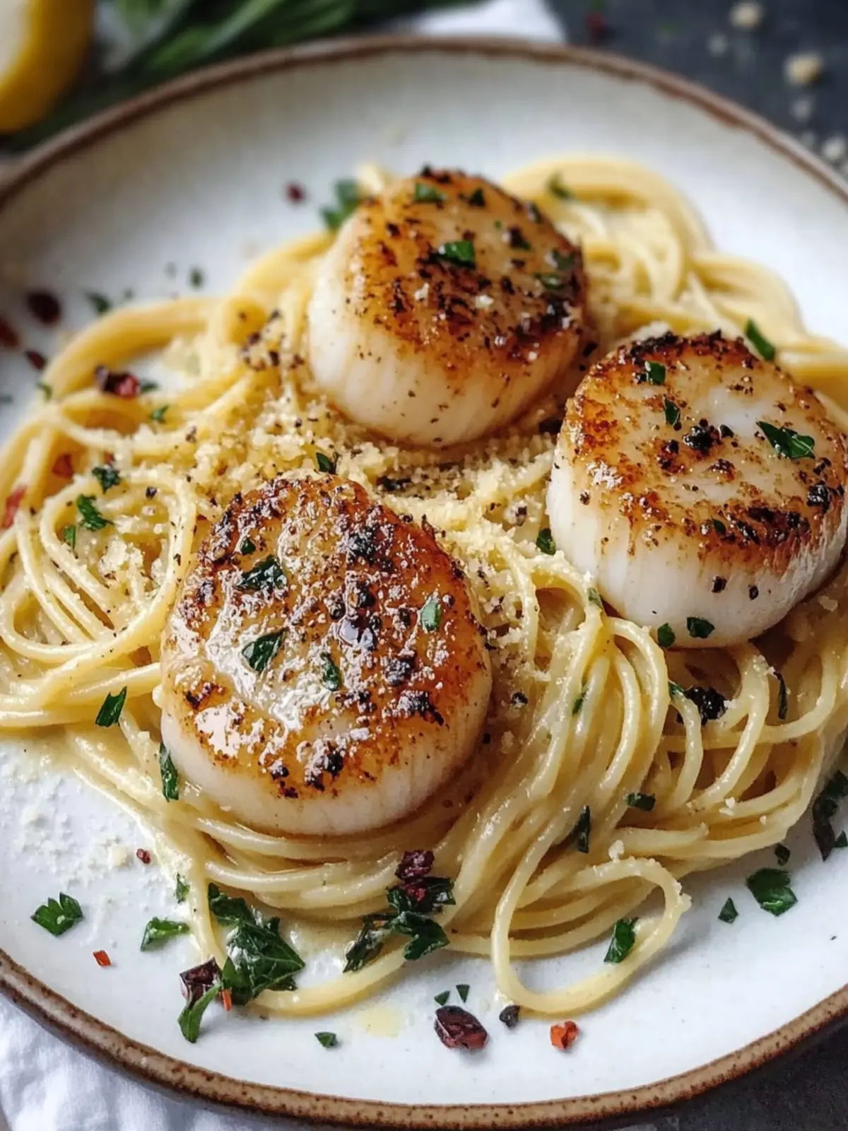Seared Scallops over Garlic Pasta: A Romantic Dinner Delight 4 Seared Scallops over Garlic Pasta